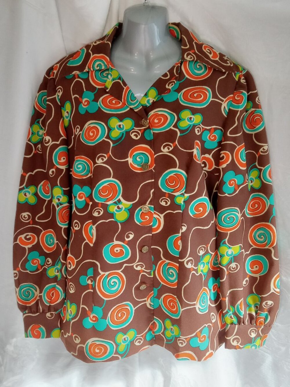 Vintage Women's Size XL Dress Shirt 1960s Brown Orange Swirl Polyester Handmade